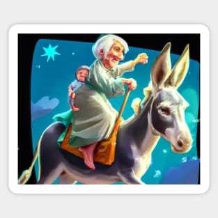 White-Haired Woman on Donkey Prints Sticker